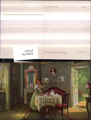 273320,Künstler AK E. Student Freudige Erwartung Frau m. Kleid Zimmer Blumen Kuchen Kanne Tisch Pendeluhr