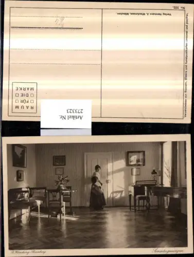 273323,Künstler AK R. Wörsching-Starnberg Sonntagmorgen Frau m. Kleid Hut Zimmer Flügel Klavier