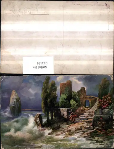 273324,Künstler AK F. Bayerlein Küste Ruine Sturm Partie