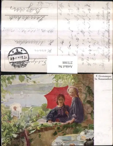 273388,Künstler AK F. Grotenmeyer Im Sonnenschein Kinder Mädchen m. Schirm Blumenkranz