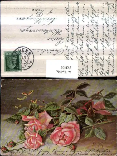 273409,Künstler AK L. Reckling Rosen Knospen Schmetterlinge
