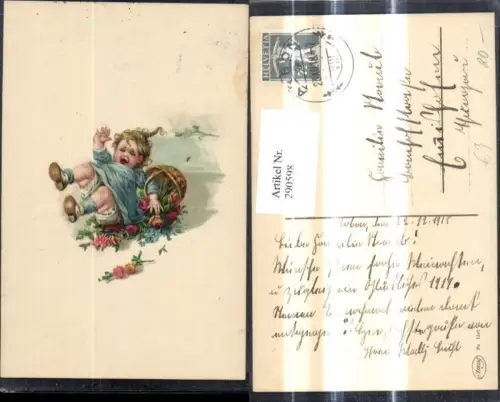 290598,Künstler Ak Kind Mädchen gestürzt m. Korb Blumen Rosen Vergissmeinnicht