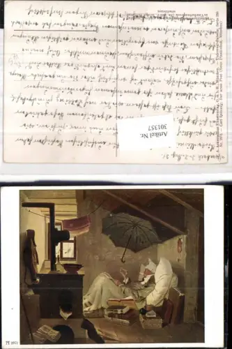 301357,Künstler Ak Carl Spitzweg Der arme Poet Schirm Bücher Lesen pub F. A. Ackermann 288euro2971
