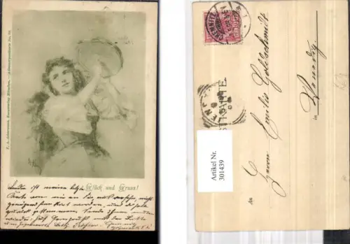 301439,Künstler Ak Frau m. Tamburin Mignon pub F. A. Ackermann 79