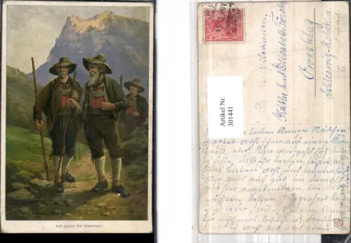 301441,Künstler Ak M. Kuglmayr Auf gegen die Wlschen Männer Tracht Bergkulisse