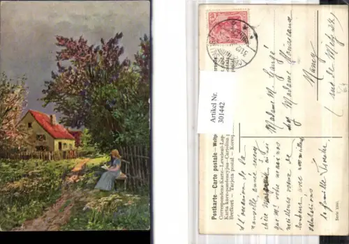 301442,Künstler Ak Frau liest Buch Bank Lesen Haus Landschaft