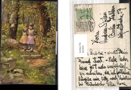 301443,Künstler Ak J. Kränzle Frühling Kinder m. Korb Quelle Brunnen Garten