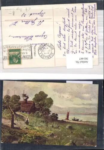 301447,Künstler Ak Hugo Lissmann Haus Ufer Segelboote Brunnen Frau m. Kübel