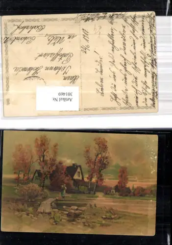 301469,Künstler Ak Haus Brücke Holzbrücke Fluss Landschaft Frau Rückenkorb pub Wenau Pastell 670