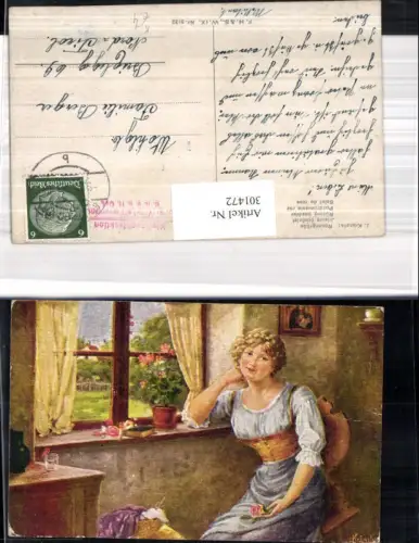 301472,Künstler Ak J. Kränzle Rosengrüße Frau a. Fenster sitzend Rosen