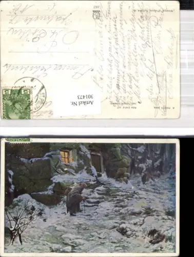 301473,Künstler Ak K. Rasek Alte Frau v. Haus Winternacht