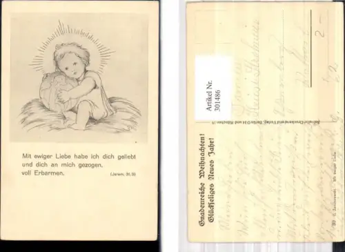 301486,Künstler Ak G. Januszewski Mit ewiger Liebe Kind m. Ball Globus Heiligenschein Spruch