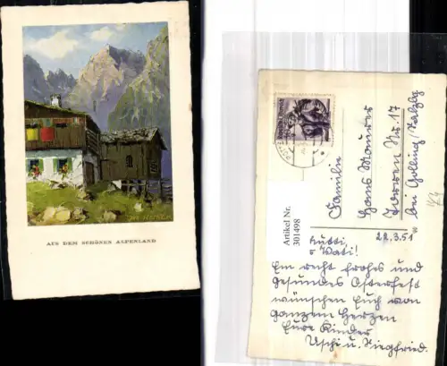 301498,Künstler Ak Jak. Herker Aus d. schönen Alpenland Bauernhaus Bergkulisse