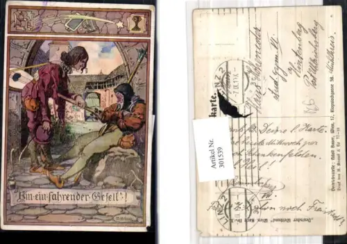 301539,Künstler Ak W. Braun Bin ein fahrender Gesell Wanderer Mandoline Stadtwächter pub Deutscher Weltbund 3