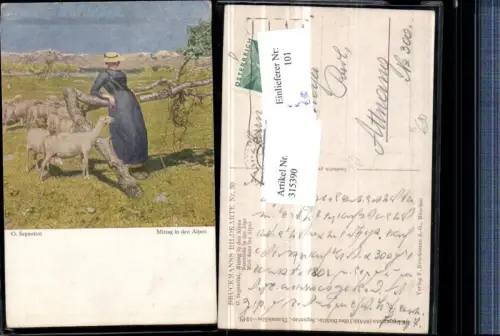 315390,Künstler AK G. Segantini Mittag in d. Alpen Schäferin m. Kleid Hut Schafe pub F. Bruckmann