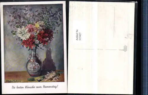 315427,Künstler AK R. R. Ballabine Namenstag Blumenstrauß Blumen Vase