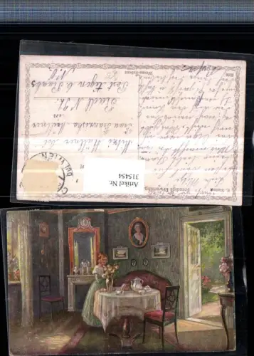 315454,Künstler AK E. Student Freudige Erwartung Frau m. Kleid Tisch Kuchen Blumen