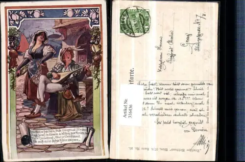 316436,Künstler AK W. Braun Frau m. Kleid Flasche Mann m. Federhut Mandoline Spruch