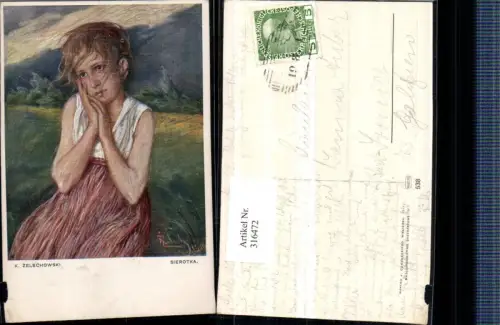 316472,Künstler AK K. Zelechowski Sierotka trauriges Mädchen m. Kleid Portrait