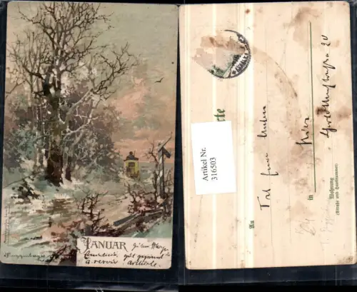 316503,Künstler AK T. Guggenberger Januar Winterlandschaft Wald Postkutsche