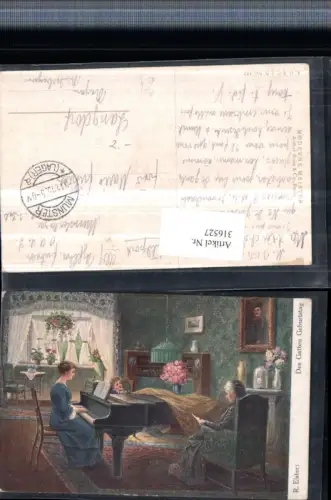 316527,Künstler AK R. Elster Des Gatten Geburtstag Frau spielt Klavier Blumen