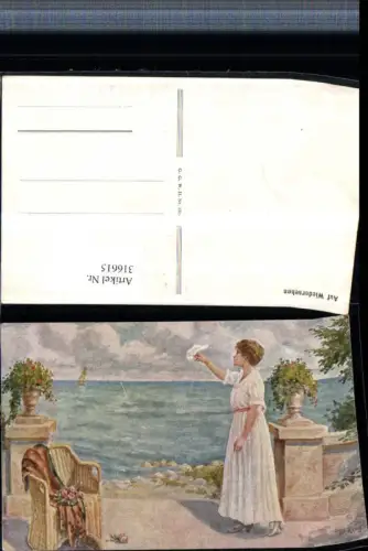 316615,Künstler AK W. King Auf Wiedersehen Frau m. Kleid Tuch Stuhl