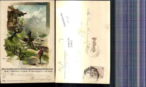 319023,Künstler Ak T. Guggenberger Wanderer Brunnen Landschaft Notenzeile pub Karl Stücker 7155