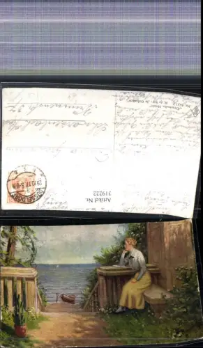 319222,Künstler Ak R. de Witt In Gedanken Frau Buch Boot Meer Landschaft