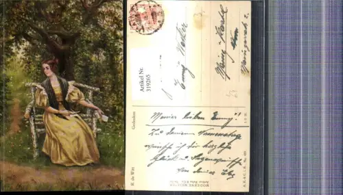 319265,Künstler Ak R. de Witt Gedenken Frau liest Brief Bank Lesen Garten