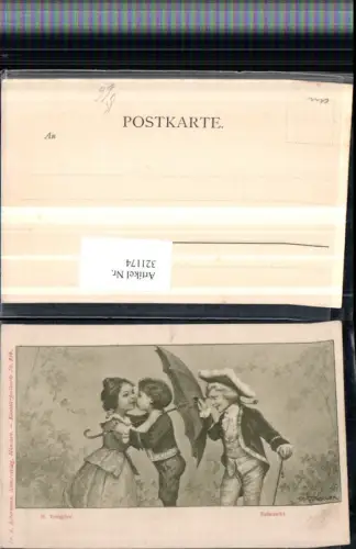 321174,F. A. Ackermann 816 Künstler H. Torggler Belauscht Kinder Kuss Schirm