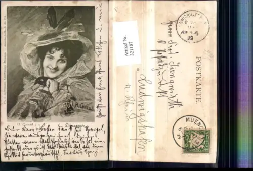 321187,F. A. Ackermann 572 Künstler H. Conrad Demasquee Frau m. Hut Portrait