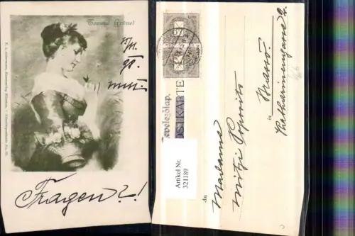 321189,F. A. Ackermann 33 Künstlerkarte Frau m. Kleid Korb Rosen Schmetterling