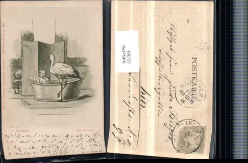 321201,F. A. Ackermann 836 Künstler W. Reidelbach Alte Bekannte Kind Badewanne Storch