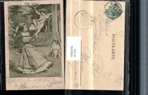 321224,F. A. Ackermann 925 Künstler F. Doubek Amors Schaukel Engel Frau Kleid Schirm