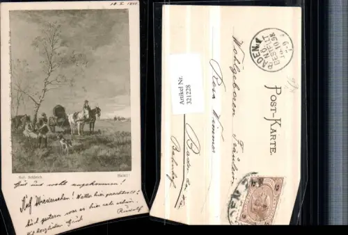 321228,F. A. Ackermann 324 Künstler Rob. Schleich Halali Pferdekutsche Landschaft Hund