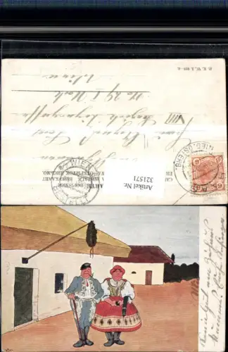 321571,Künstler AK K. Pick Frau u. Mann in Tracht Hochzeit Kranz pub B.K.W.I. 918euro6