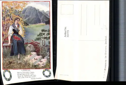 321773,Künstler AK T. Welzl 's Herzlad Frau m. Kleid Blumen Stiege Bergkulisse pub B.K.W.I. 273