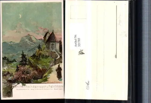 321785,Künstler Litho T. Guggenberger Kirche Bergkulisse Liedzeile