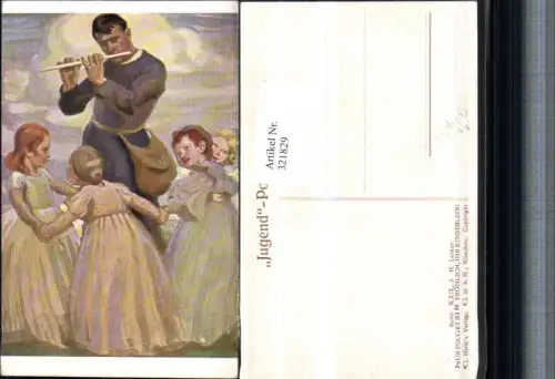 321829,Künstler AK H. Lesker Rattenfänger Mann m. Querflöte Kinder Ringeltanz pub Jugend Postkarte