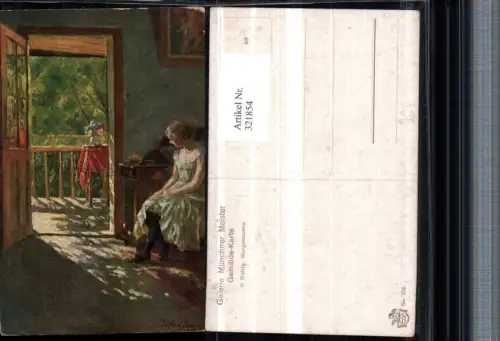 321854,Künstler AK H. Rettig Morgensonne Frau m. Kleid Balkontür
