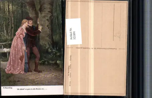 321891,Künstler AK R. Beyschlag Minne Amour Paar Mann ritzt in den Baum