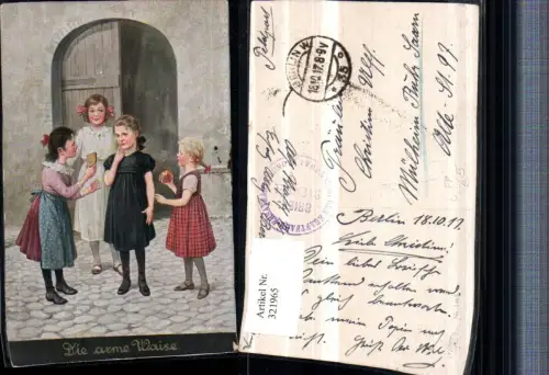 321965,Künstler AK Die arme Waise Kinder Mädchen Brot Apfel Feldpost Kraftfahrer-Ersatzabteilung