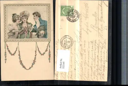 322145,Künstler AK Frauen m. Kleider Hut Mann Gläser Prosit Rahmen Passepartout