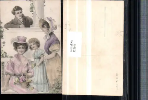 322146,Künstler AK Frauen m. Hüten Kleider Rosen Korb Mann