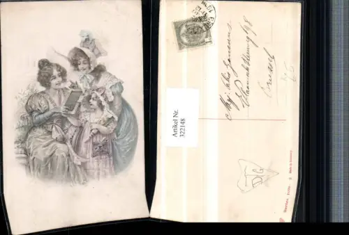 322148,Künstler AK Frauen Mädchen m. Kleider Hut Haube Schreibtafel