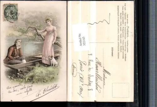 322163,Künstler AK Frau m. Hut Kleid Hund Mann Ruderboot Boot