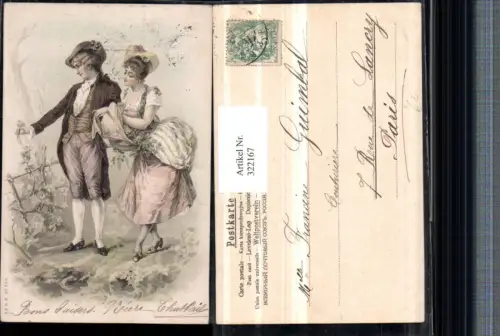 322167,Künstler AK Liebespaar Liebe Frau m. Hut Kleid Mann m. Hut Rose