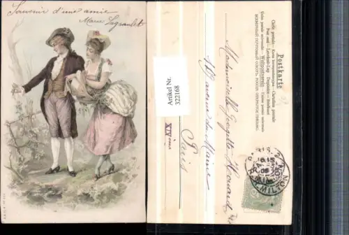 322168,Künstler AK Liebespaar Liebe Frau m. Hut Kleid Mann m. Hut Rose