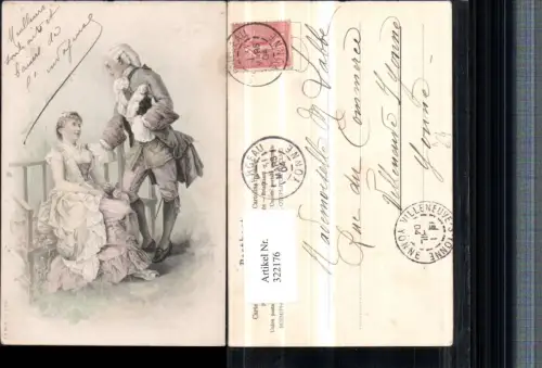 322176,Künstler AK Liebe Mann m. Perücke Frau m. Kleid Bank Rose
