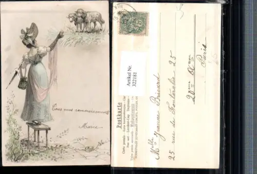 322181,Künstler AK Frau m. Kleid Hut Tasche Schirm Stockerl Lämmer Schafe Ei